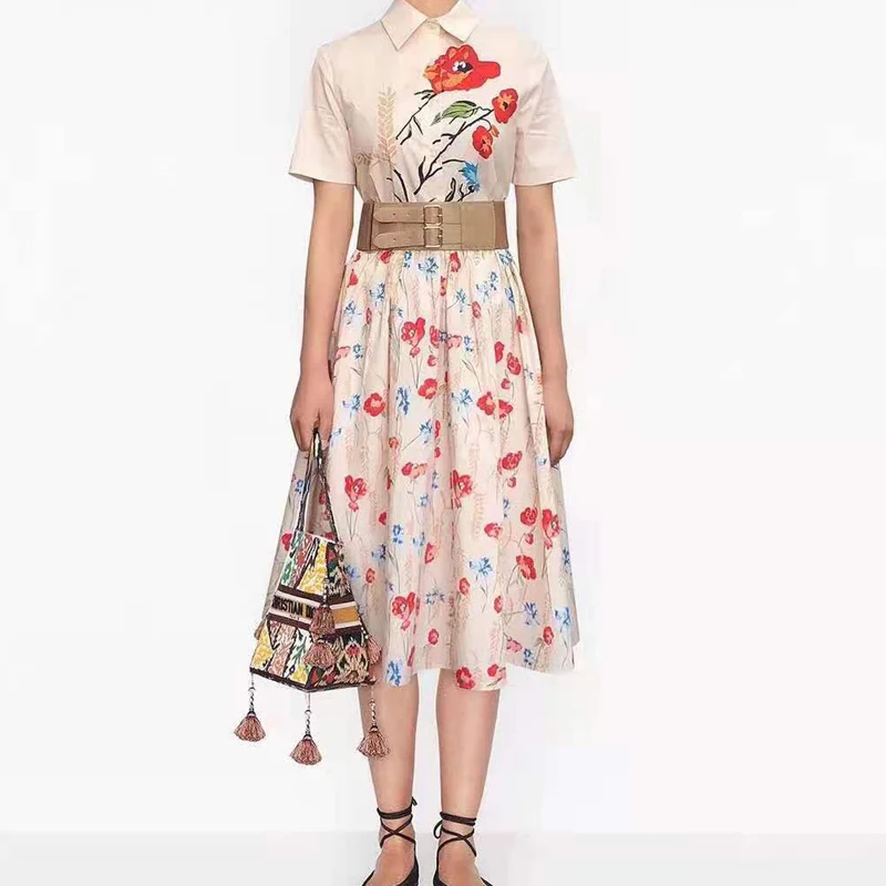 

Runway Dress Women 2021 Short Sleeve Floral Printed Turn-Down Collar Designer Brand Elegant Beach Party Dresses Summer Clothing