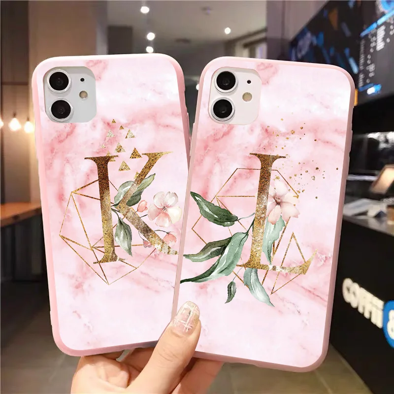 Initial Letter Silicone Phone Case For iPhone 13 12 mini 11 Pro X XR XS Max 6s 7 8 Plus Retro Pink Leaves Soft TPU Back Cover