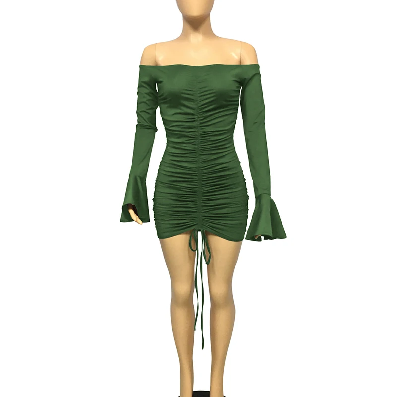 

Women Casual Trumpet Sleeve Dress Fashion Solid Color Off-shoulder Drawstring Skinny Short Dress Female Ladies Clothes Summer