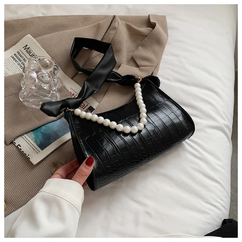 

Elegant Women's Handbags with Pearls Crocodile Pattern Ladies Wide Strap Shoulder Bag Solid Color PU Leather Female Underarm Bag