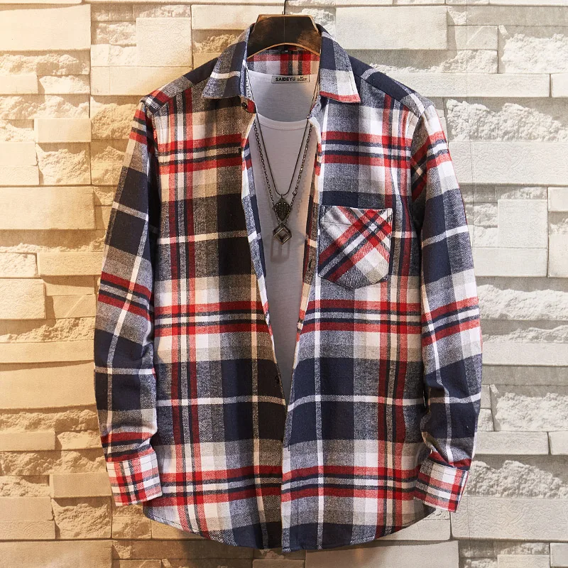Aoliwen 2019 Men's long sleeve plaid shirt flannel cotton button down casual shirt men Comfortable pocket top autumn clothes