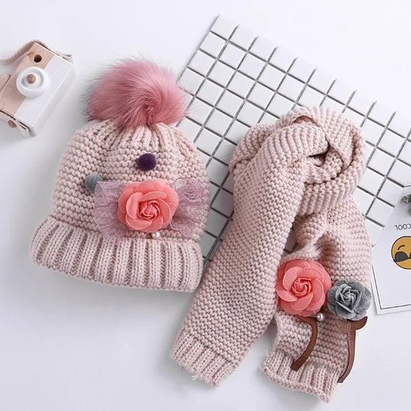 beige Зимние вязаные комплекты с меховыми помпонами для детей 3-8 лет, бархатные шерстяные вязаные меховые шапки для девочек, зимний комплект из 2 предметов, шарф и шапка для маленьких девочек, HT19046 - Цвет: beige
