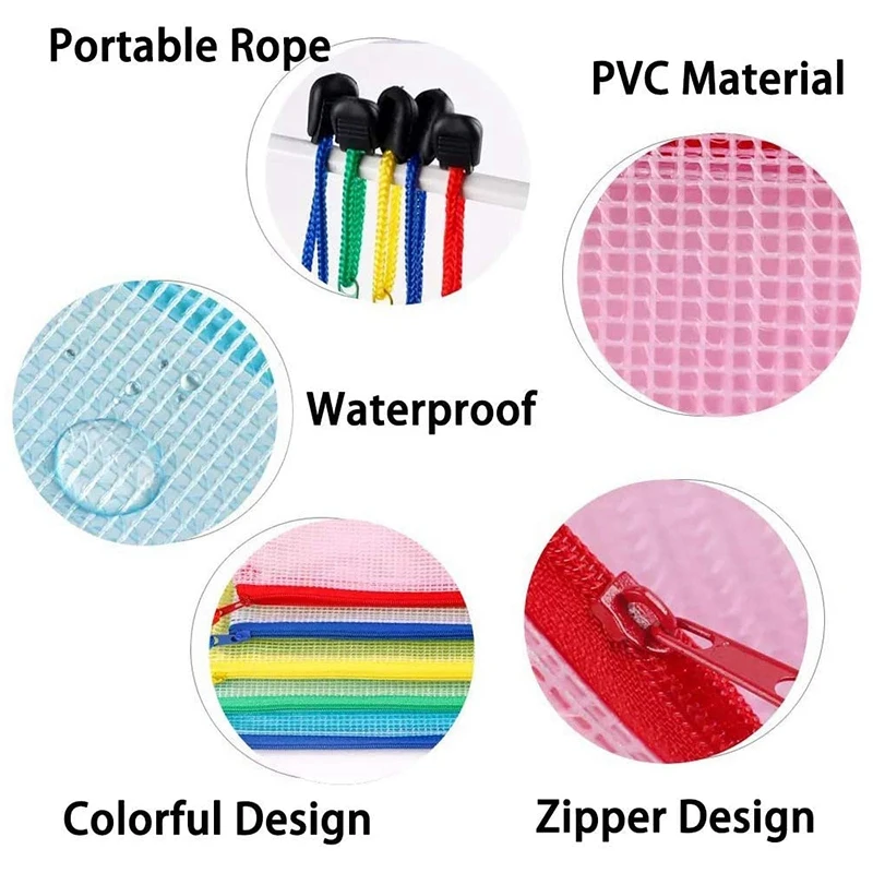 

10Pcs Zipper File Bags PVC Document Bag (A4 Mixed Colors) with 24 Pack Zipper Mesh Pouch, Waterproof File Storage Bags