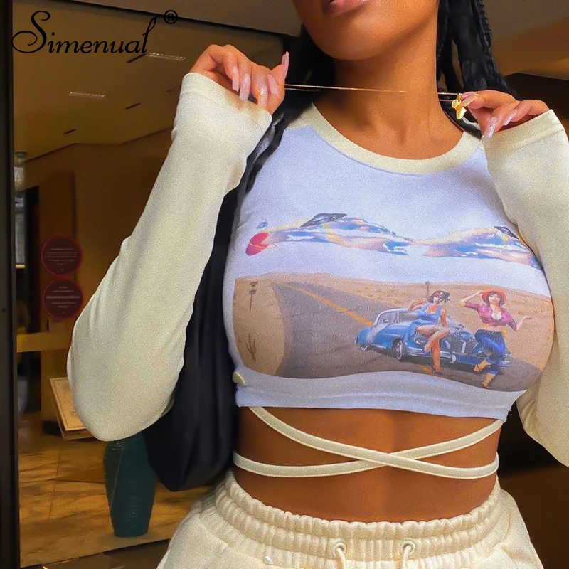

Simenual Printing Patchwork Streetwear Tight Cropped Tops Long Sleeve For Women Baddie Clothes Fashion Y2K Bandage 90s Retro Tee