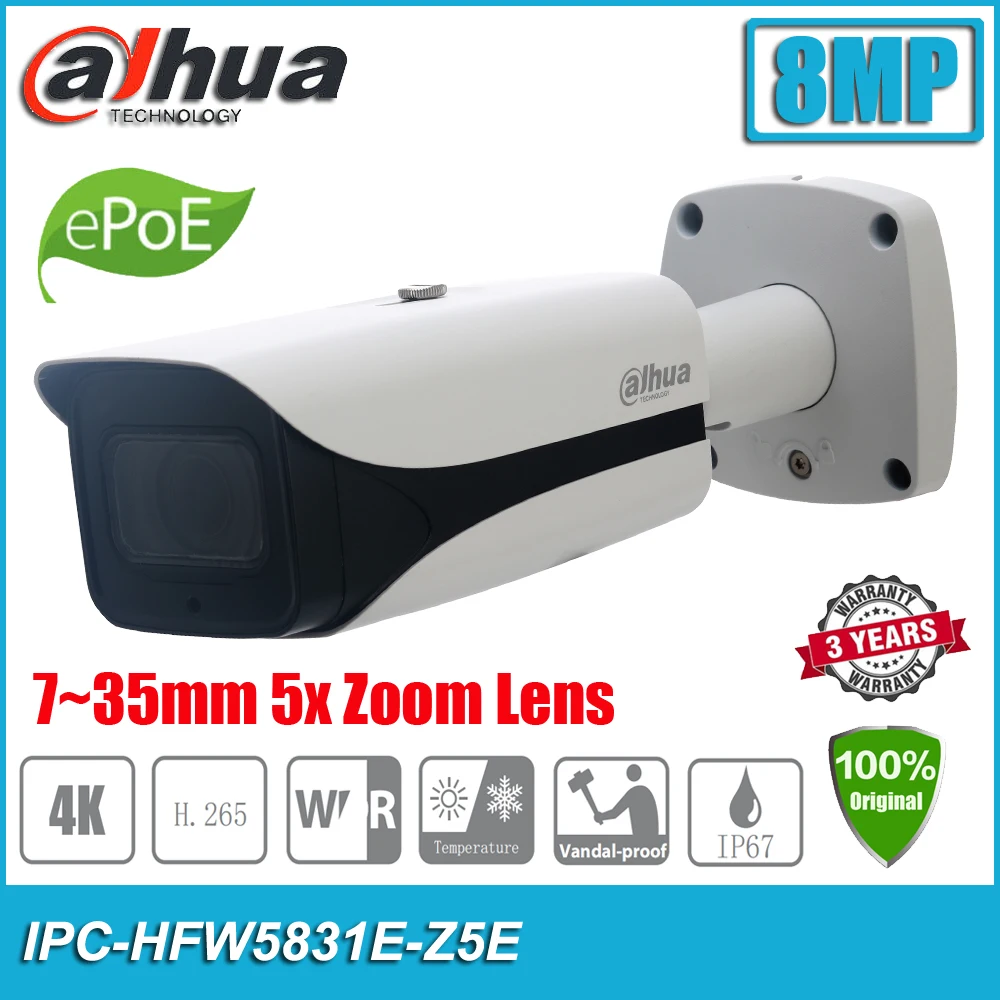 

Dahua IPC-HFW5831E-Z5E 8MP 4K WDR H.265 IP67 IK10 POE Motorized 5x Zoom Lens IR Bullet CCTV Network IP Camera HFW5831E-Z5E