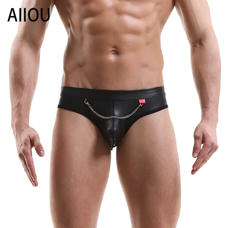 Мужские трусы стринги из искусственной кожи AIIOU черные Тонги бандаж на пенис Т