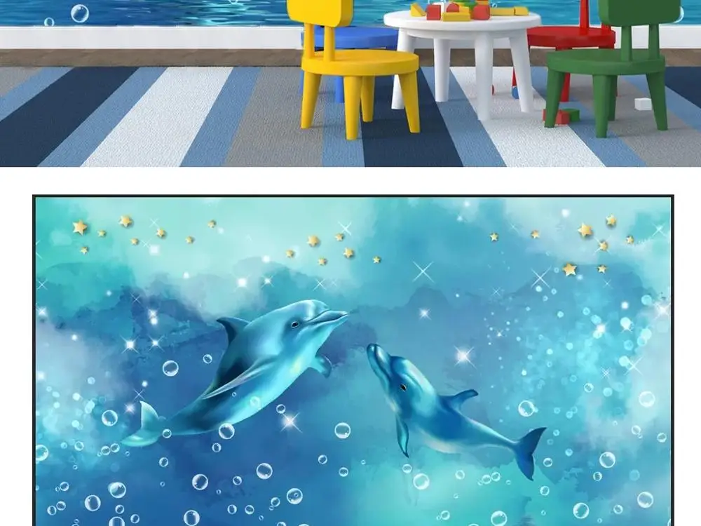 

New Custom 3D Large Mural Wallpaper Original cartoon Dolphin starry sky ocean dream children's room TV Background living Bedroom