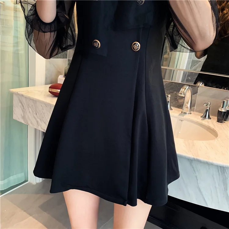 

BacklakeGirls 2021 Korean Style Women's Elegant V Neck Sheer Long Sleeve Mesh Splicing High Waist Slim A-line Cocktail Dress