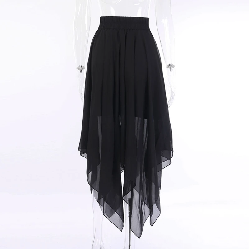 

Women Gothic Black Asymmetrical Mesh Midi Long Skirt Punk Star Zipper Clubwear Q39C