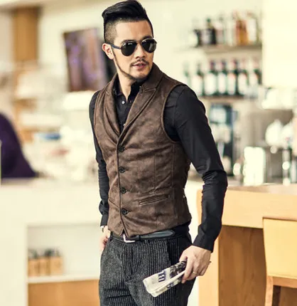 Для мужчин ретро Однобортный платье костюм жилет формальные из кожи шерсти