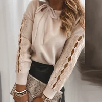 women elegant lace patchwork hollow out long sleeve blouses shirts fashion o neck bow solid tops ladies casual streetwear blusa