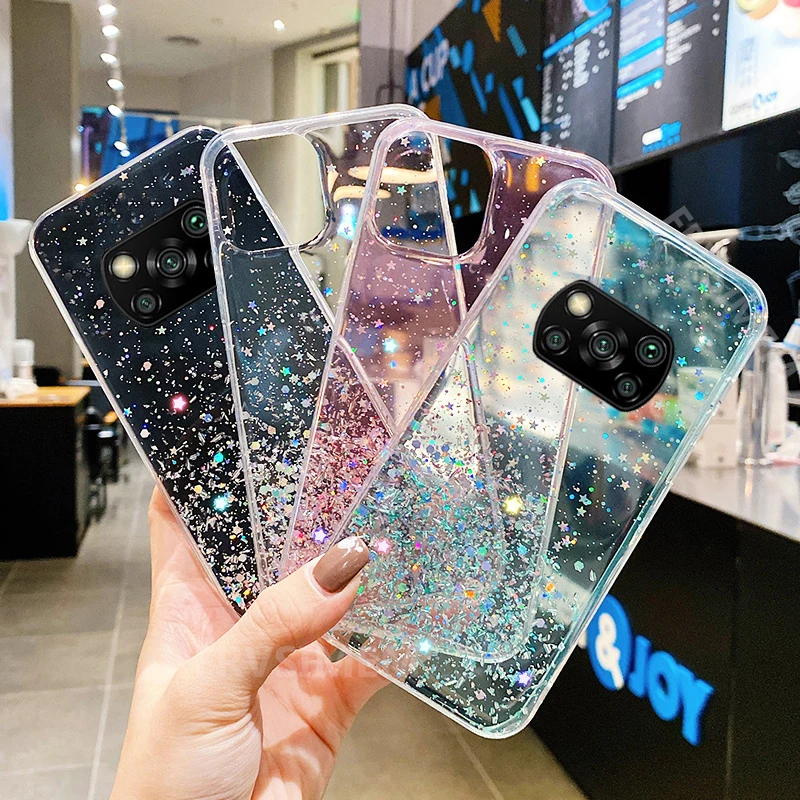 Блестящий чехол со звездами для POCO X3 NFC прозрачный стразами девушек | Мобильные