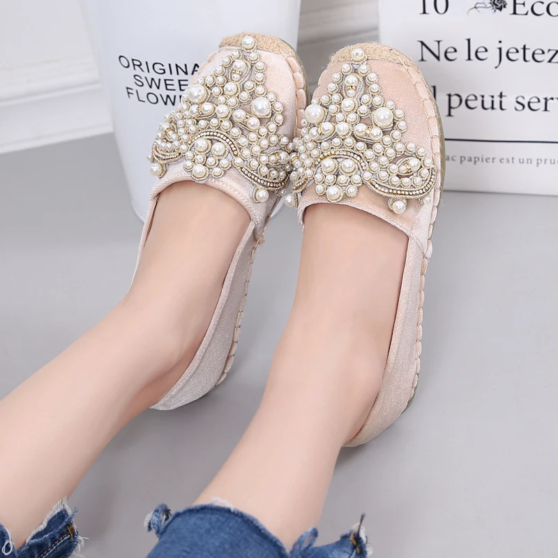 Женские эспадрильи LAASIMI туфли из флока на плоской подошве со шнуровкой и бусинами