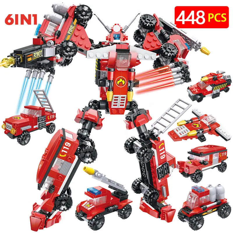 

448 шт., 6 в 1, городская техническая полиция, пожарная машина, робот-трансформер, воин, строительные блоки, детские игрушки