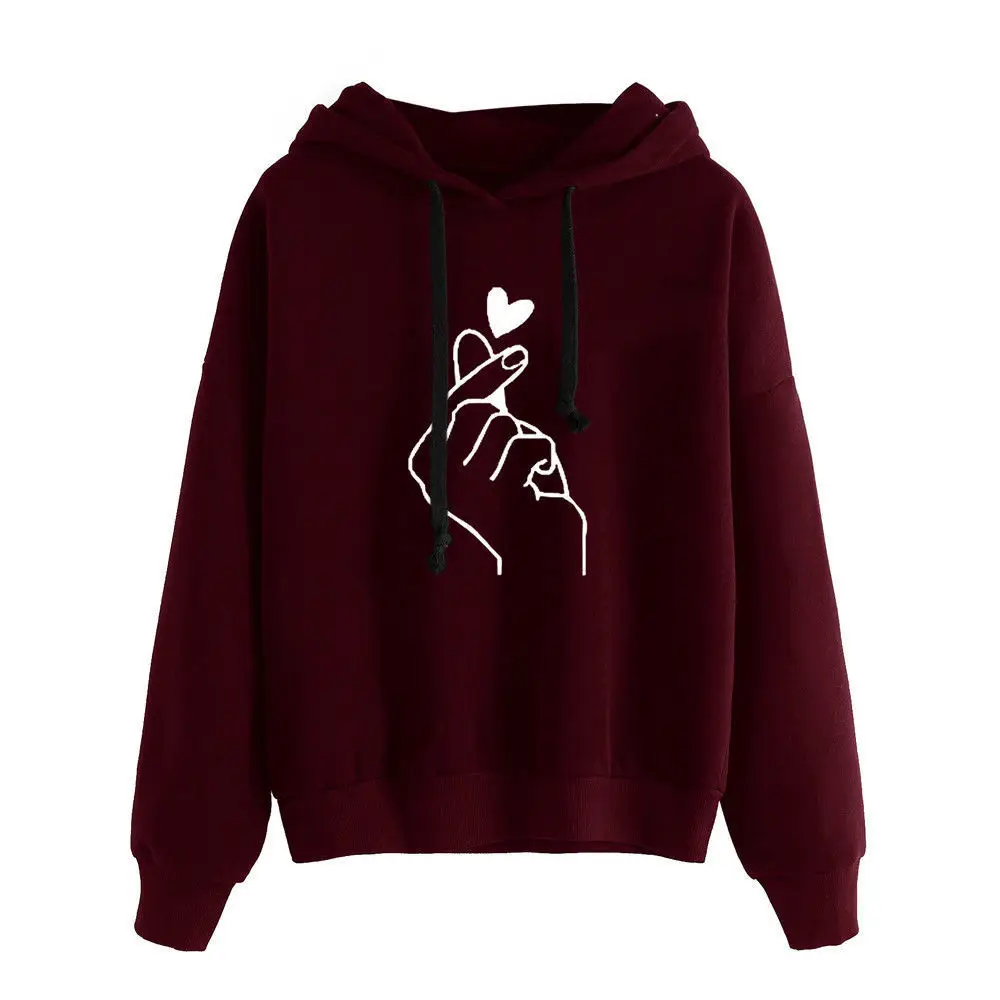 

Women Hoodies Fashion Finger Heart Love Pattern Hooded Sweatshirts Autumn Winter Casual Drawstring Long Sleeve Female Pullovers