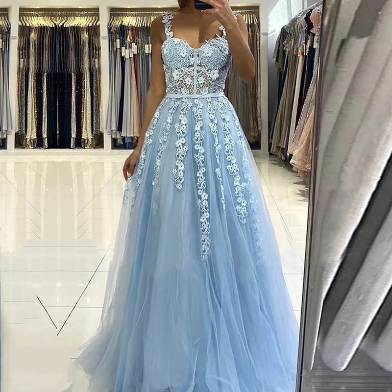 

Eightale Elegant Prom Dresses 2020 Sweetheart Appliques Lace A-Line Sky Blue Evening Gown Tulle Party Dress for Graduation