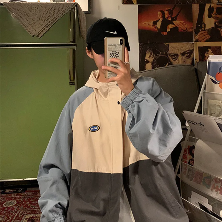 

2021 Spring and Autumn Jackets for Men Outwear Hooded Coat Mens Fashion Casual Loose Patchwork Zip Up Streetwear Couple Clothes