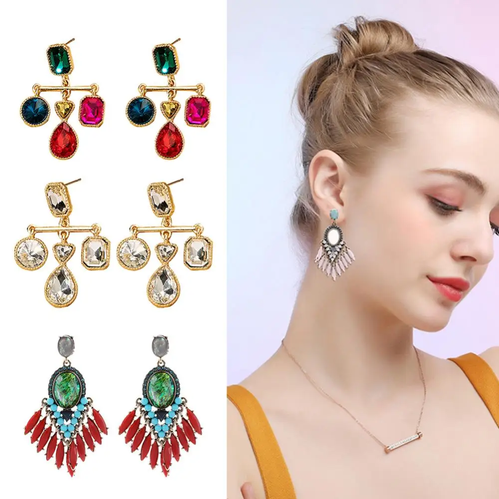 

Baroque Women Rhinestone Inlaid Geometric Dangle Ear Stud Earrings Party Jewelry