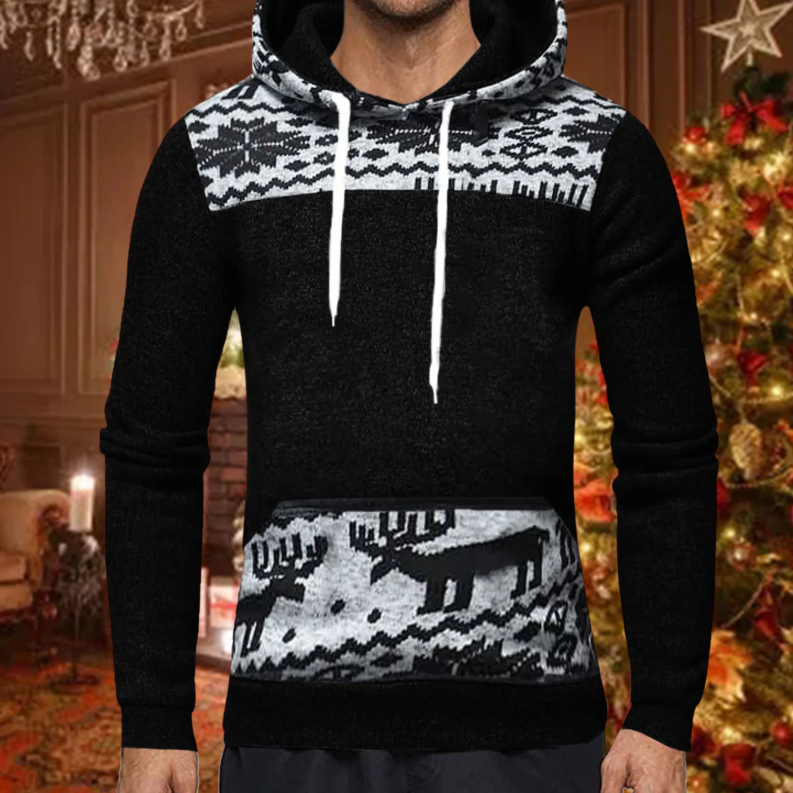

Christmas Fashion Men's Sweater Hoodie Autumn Winter Printed Long Sleeve Tether Hooded Christmas Sweatshirt Men Clothing