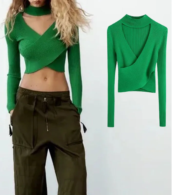 

Women's sweater 2021 Autumn New Fashion chest forward Hollow out Knit Sweater Vintage Long Sleeve Female Pullovers Chic Tops