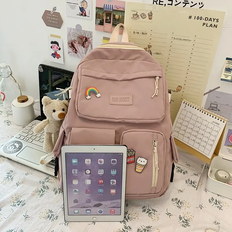 

Sweet Bear Pendant Backpack for Women Casual Solid Simple Students Bagpack Teenage Girls Preppy Shoulder Rucksack Travel Bag New