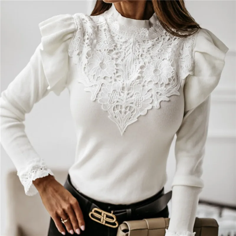 

Ruffles Lace Patchwork Ladies Sweater Spring Autumn Fashion Pullover Solid Long Sleeves Soft Bottoming Women Sweater Tops