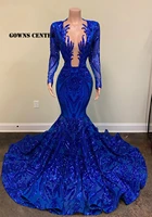 royal blue sequined lace prom dress african evening dresses for women party black girls long sleeve mermaid dinner gown