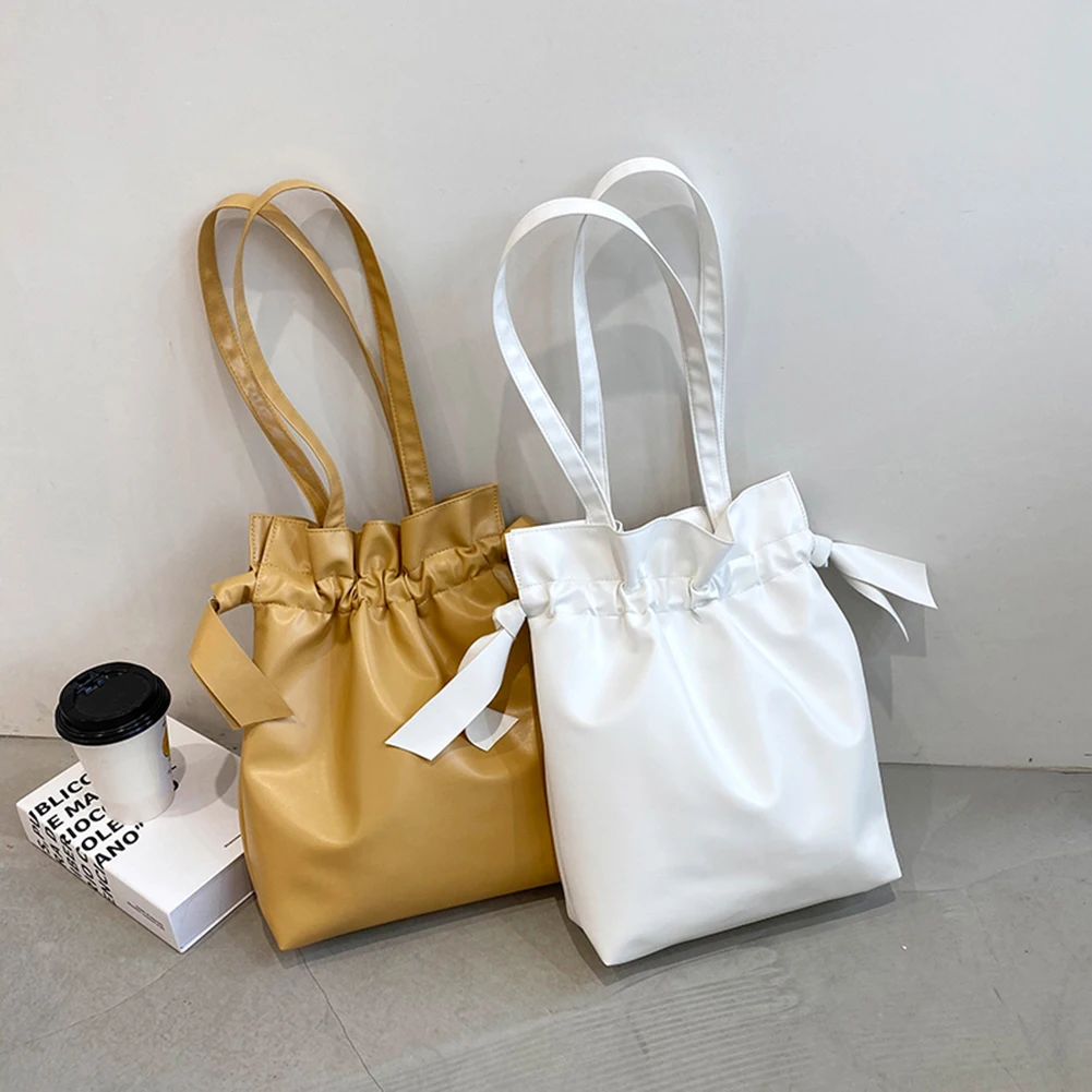 

Vintage Women Pure Color PU Leather Shoulder Underarm Bucket Bag Casual Ladies Drawstring Large Capacity Handbags