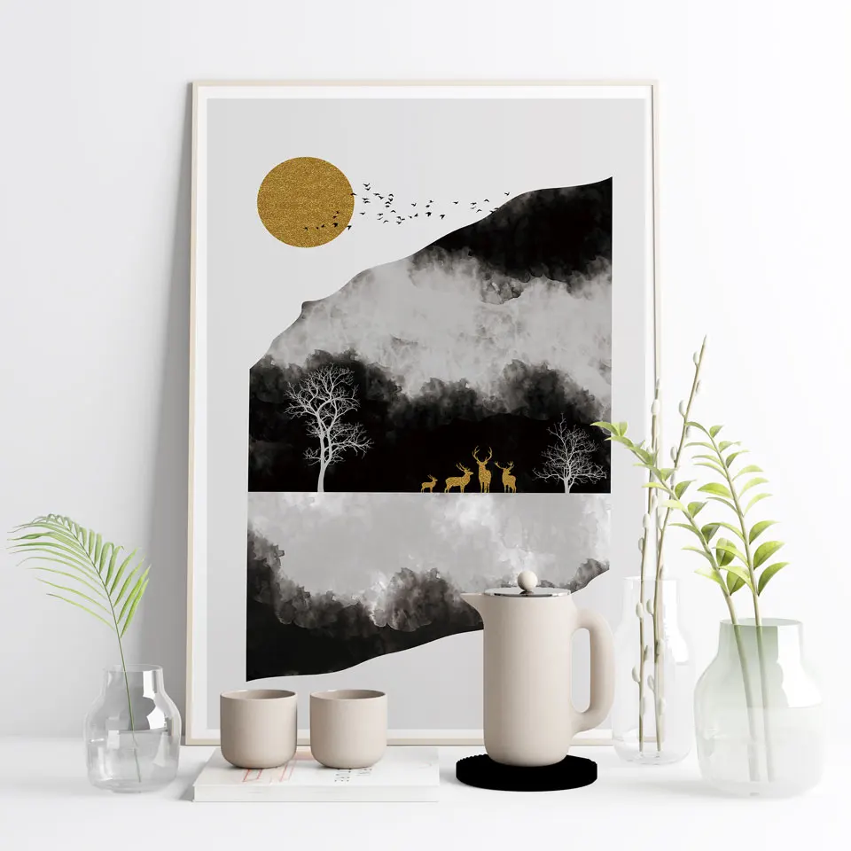 

Golden Sun Deer Poster Abstract Tree Canvas Painting Bird Wall Art Pictures For Living Room Modern Decorative Prints On The Wall