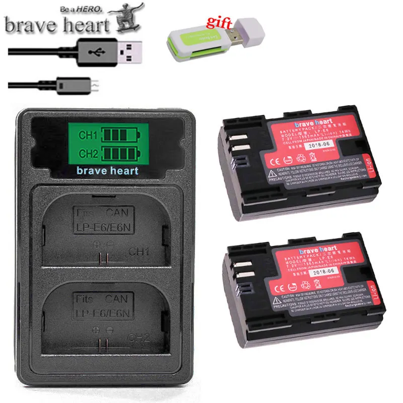 charger and 2battery Аккумулятор 1865 мАч для камеры lp e6 lpe6 LP-E6 LP-E6N LP E6N+ зарядное устройство типа C для Canon DSLR EOS 60D 5D3 7D 6D 70D 5D Mark II III - Цвет: charger and 2battery