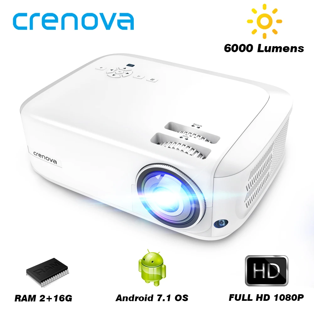 Видеопроектор CRENOVA Full HD 1080P Android 6000 лм ОС 7.1.2 поддержка 4K Dolby 2 ГБ 16 ГБ|Проекторы для