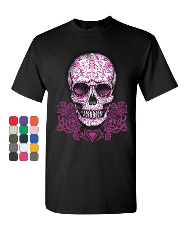 

Pink Sugar Skull With Roses T-Shirt Calavera Day of The Dead Tee Shirt