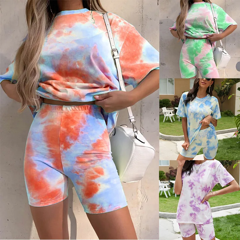 

2021 European style summer women's fashion gradual loose street casual T-shirt tight shorts two-piece set suits for woman