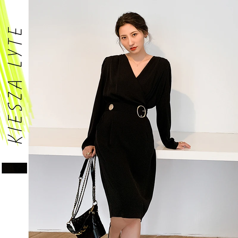 Женское черное платье с запахом новинка весны 2020 винтажное миди металлическим