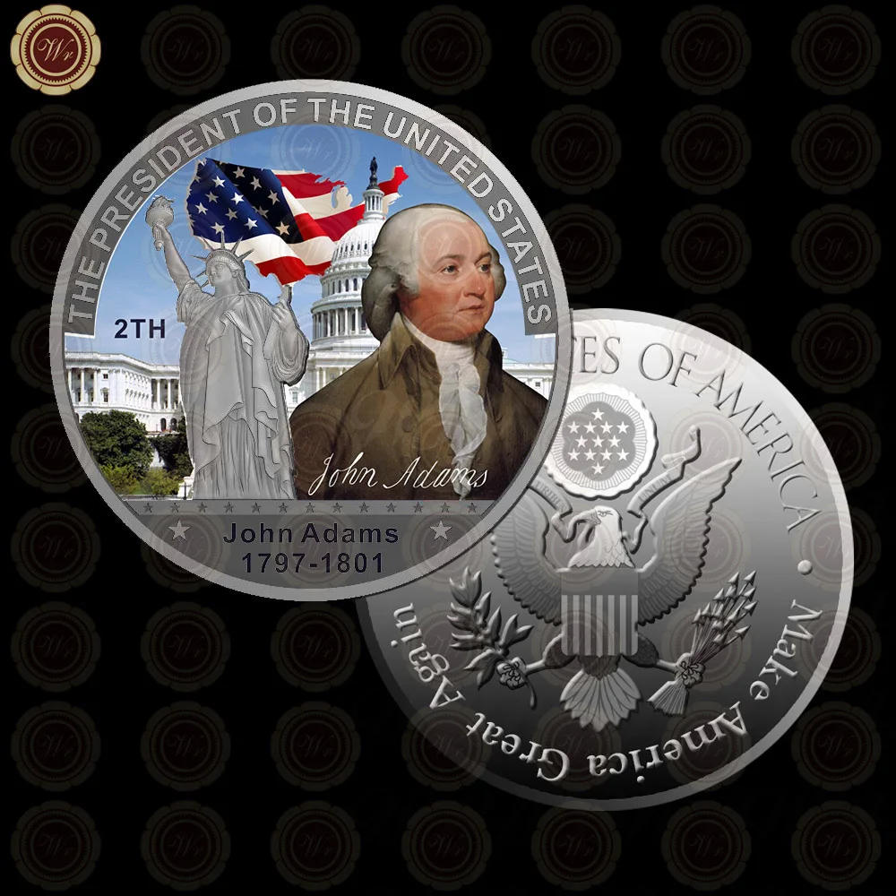 WR Коллекционная Посеребренная американская 2th President John Adams металлическая монета/w чехол креативный вызов монета подарок на день отца 40x3 мм