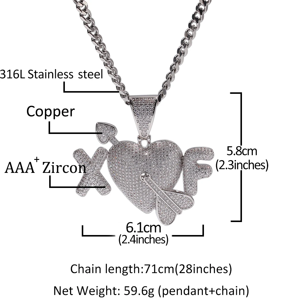 Hip Hop Fully Iced Out Bubble Extra Fine An arrow through a heart Pendant Necklace Mens&Womens Jewelry Gifts Hand Necklace