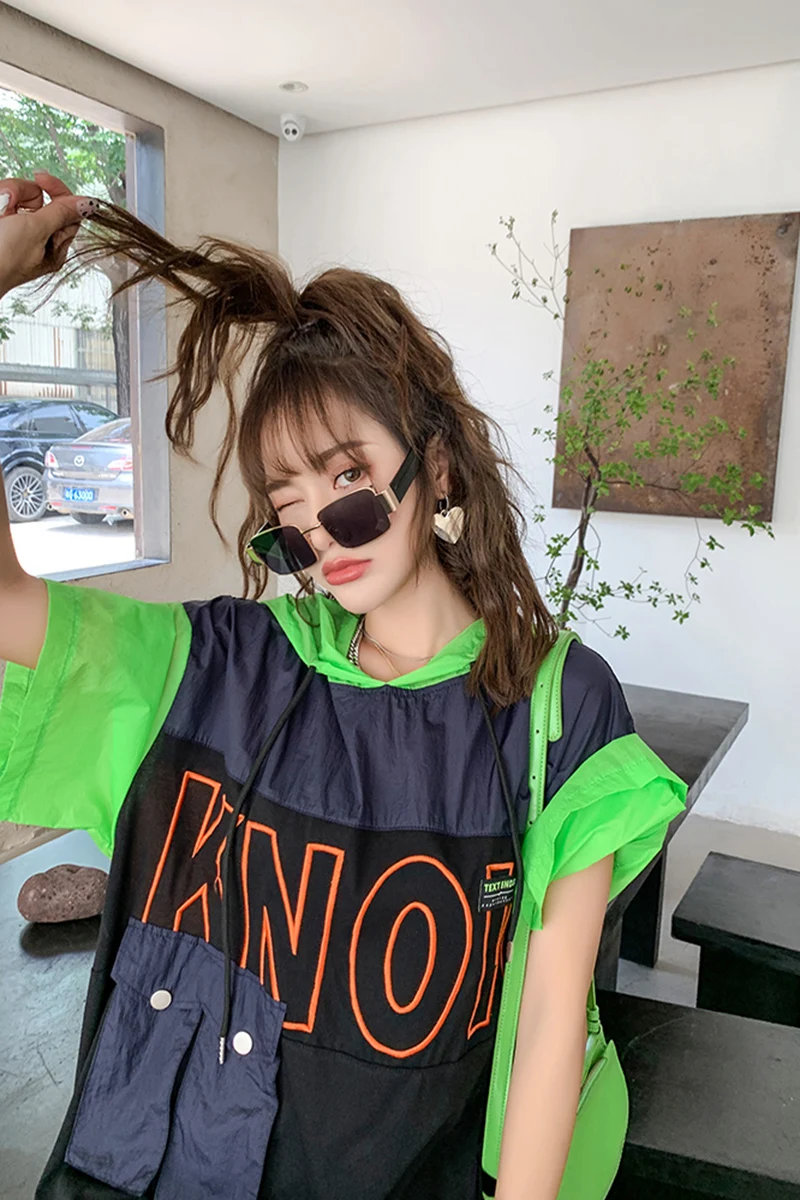 

2021 Summer Embroidery Stitching Hooded T Shirt Women's Mid Length Letter Short Sleeve Top Female Fashion Loose T Shirt