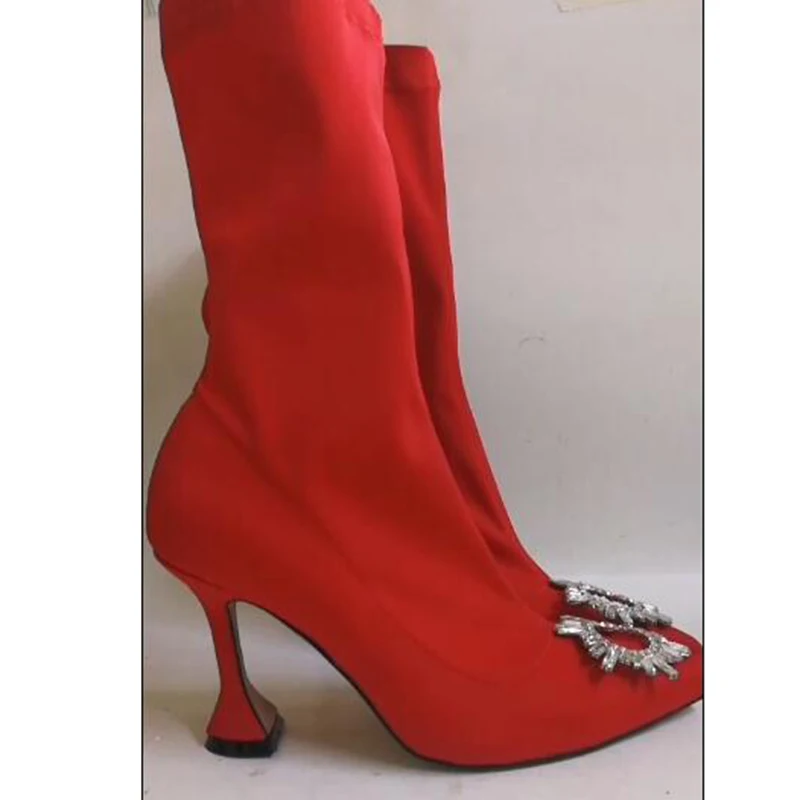 red Satin Новинка; черные ботинки на высоком каблуке; Полустелька ботильоны для женщин с острым носком; эластичные короткие ботинки; сезон весна-осень; женская обувь со стразами - Цвет: red Satin