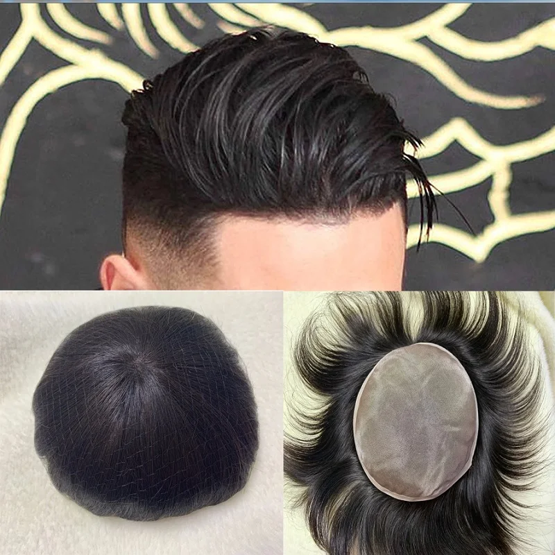 100% Human Hair Durable Replacement Systems Swiss Lace with PU Black Remy Hair Toupee Mens Natural Human Wig Hairpieces Men