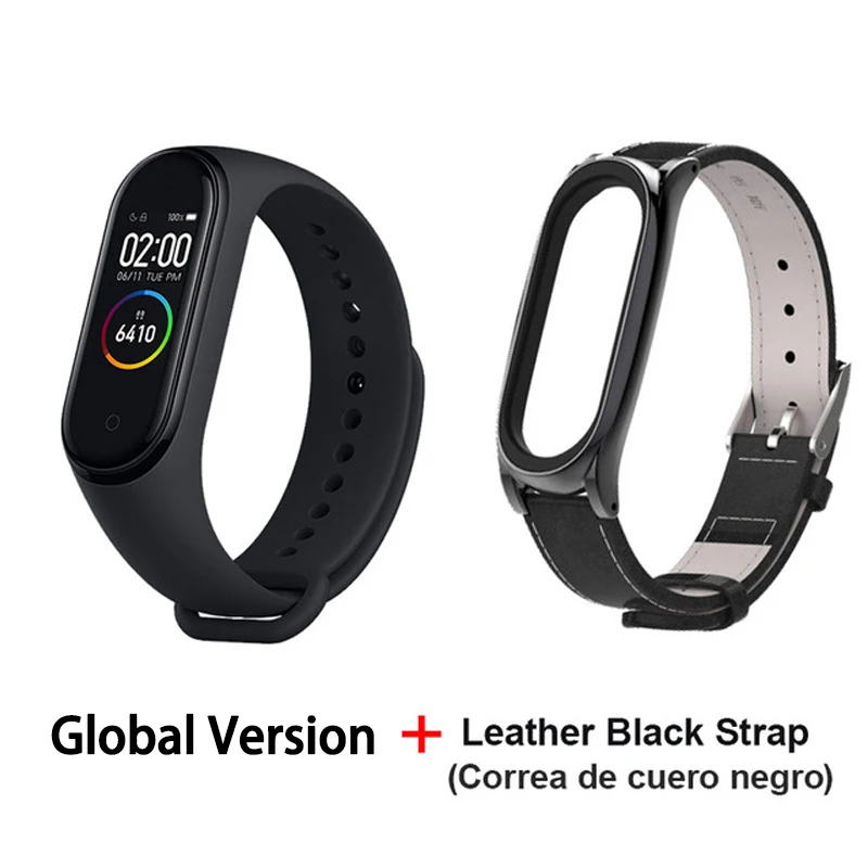 GB add Black Leather Xiaomi mi-браслет 4 сердечного ритма фитнес цветной сенсорный экран mi Band 4 умный Браслет 135 мАч Bluetooth 5,0 музыкальный браслет - Цвет: GB add Black Leather