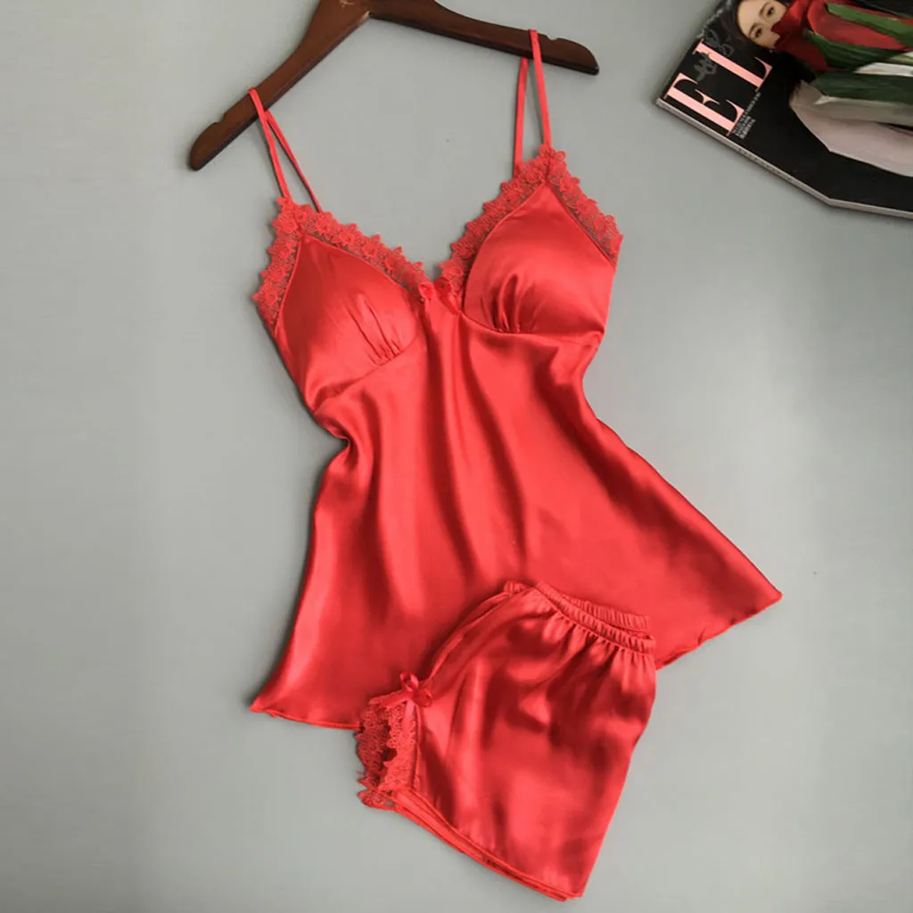 

Sexy Solid Color Satin Women Pajamas Set Cami Top + Satin Shorts Set Casual Ladies Homewear Nightwear Sleepwear Pijamas Mujer