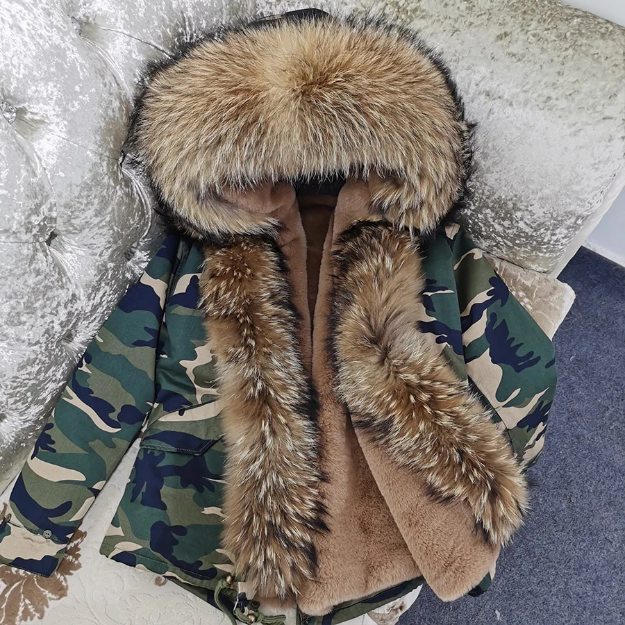 MAOMAOKONG Winter Clothes Women Natural Fur Coat Real Raccoon Fur Collar Parkas Remove Faux Fur Lining Warm Thick Short Jacket