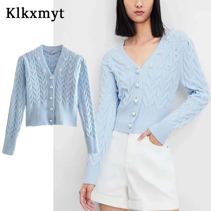 

Klkxmyt ZBZA женский модный вязаный кардиган свитер женский винтажный с длинным рукавом жемчужный пуговицы женская верхняя одежда шикарные топы