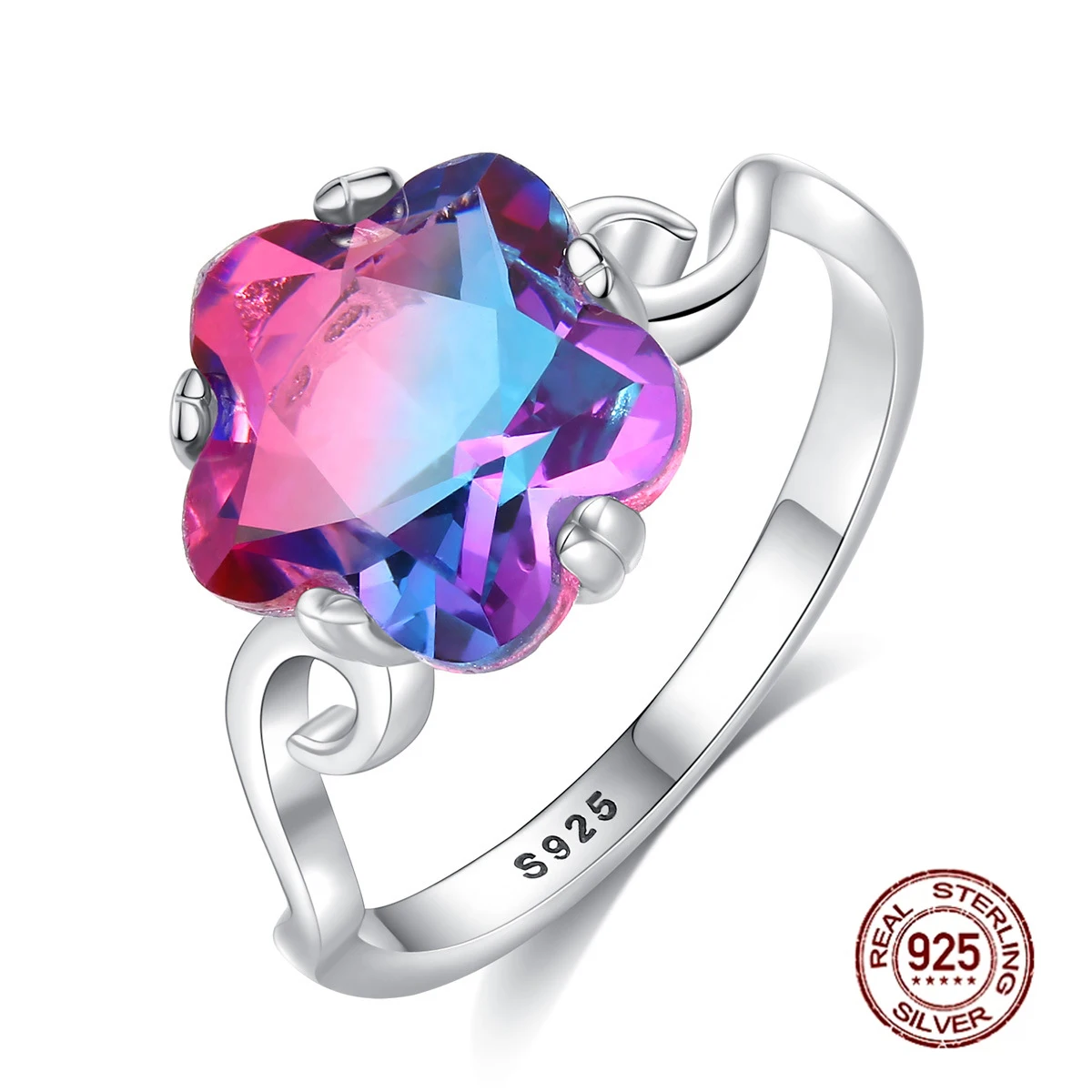 

Luxury Rainbow Stone Silver Ring Fine Jewelry Female Fashion Finger Rings Beauty Accessories Women High Ornament Wholesale