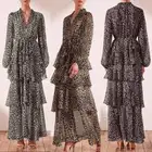 ZANZEA модное летнее платье макси с леопардовым принтом, женский сарафан с глубоким v-образным вырезом и рукавами-фонариками, свободное платье с оборками