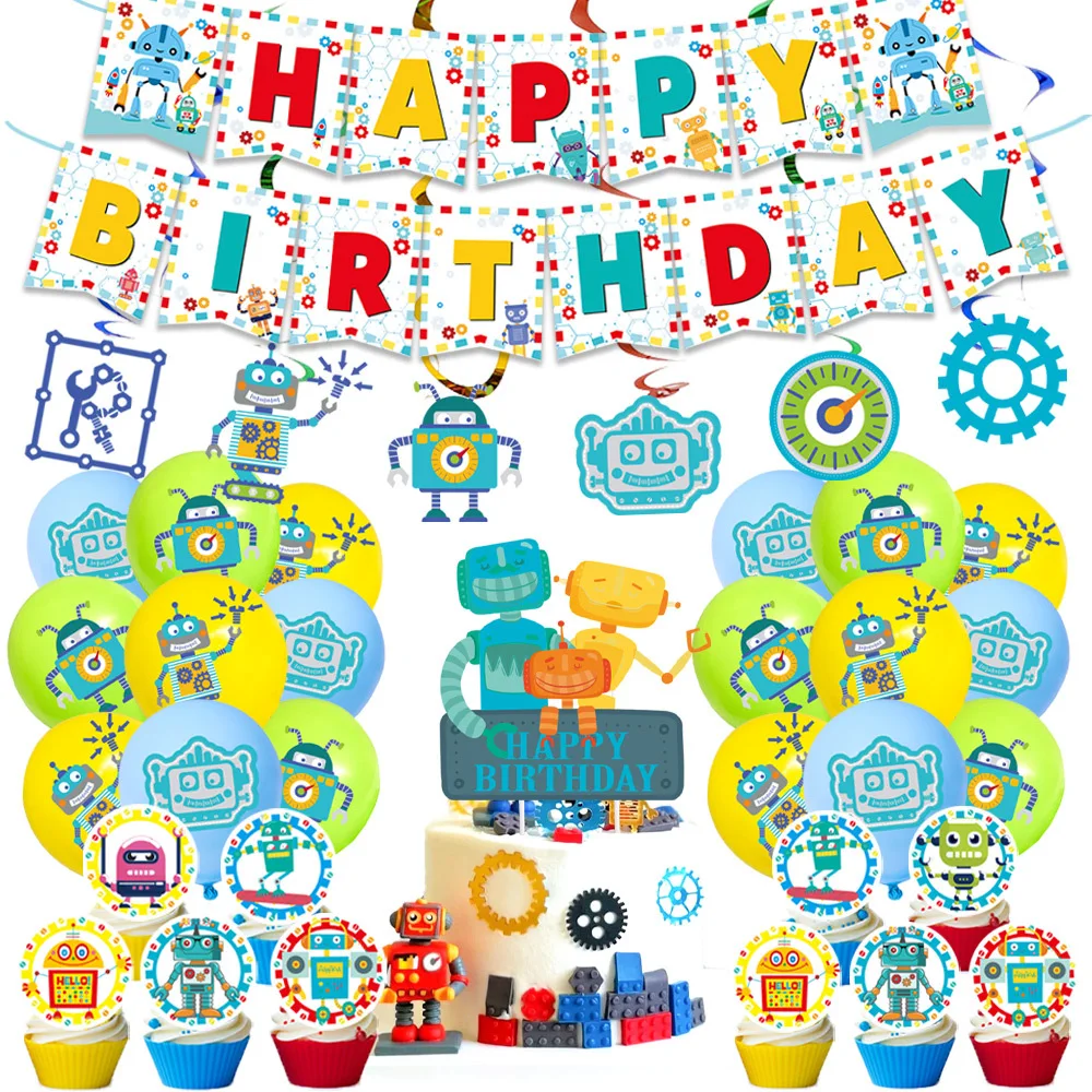 

Robot Theme Children's Birthday Party Decoration Balloon Set with Banner Cake Toppers Hanging Swirls for Boy Girl Birthday