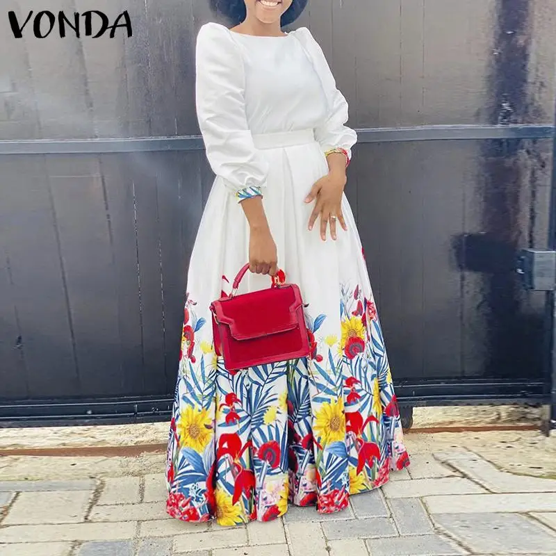 

VONDA Women Casual O Neck Long Maxi Dress Vintage Printed Lantern Sleeve Bohemian Vestidos Retro Fall Pleated Beach Sundress
