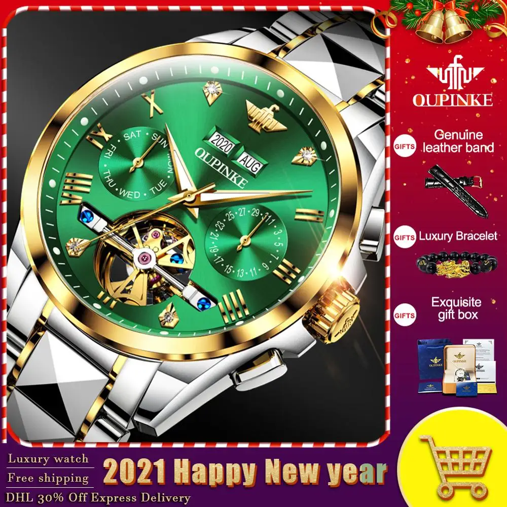 

Роскошные брендовые автоматические механические мужские часы OUPINKE, водонепроницаемые часы-скелетоны с турбийоном, дизайнерские Механичес...