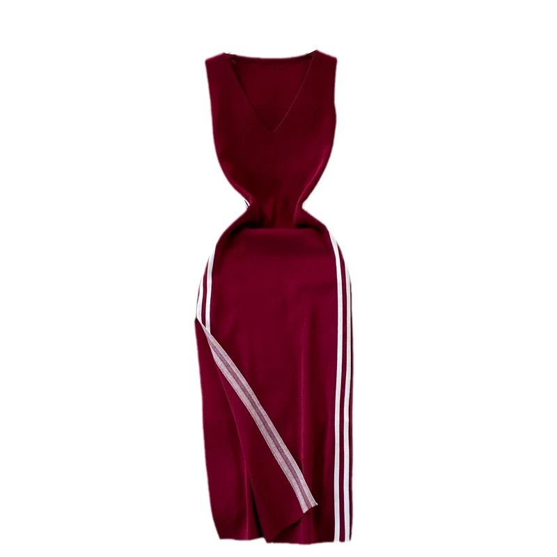 

Kimutomo V Neck Knitted Dress Bodycon Women Summer Sleeveless Sexy Split Dresses Female Slim Color Matching Elegant Retro