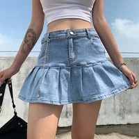 y2k pink denim pleated skirts mini solid casual woman fashion korean style high waist skirt with lined hot club party girls 2020